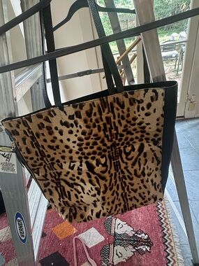 Leopard Print  Fur Tote Bag with Black Trim